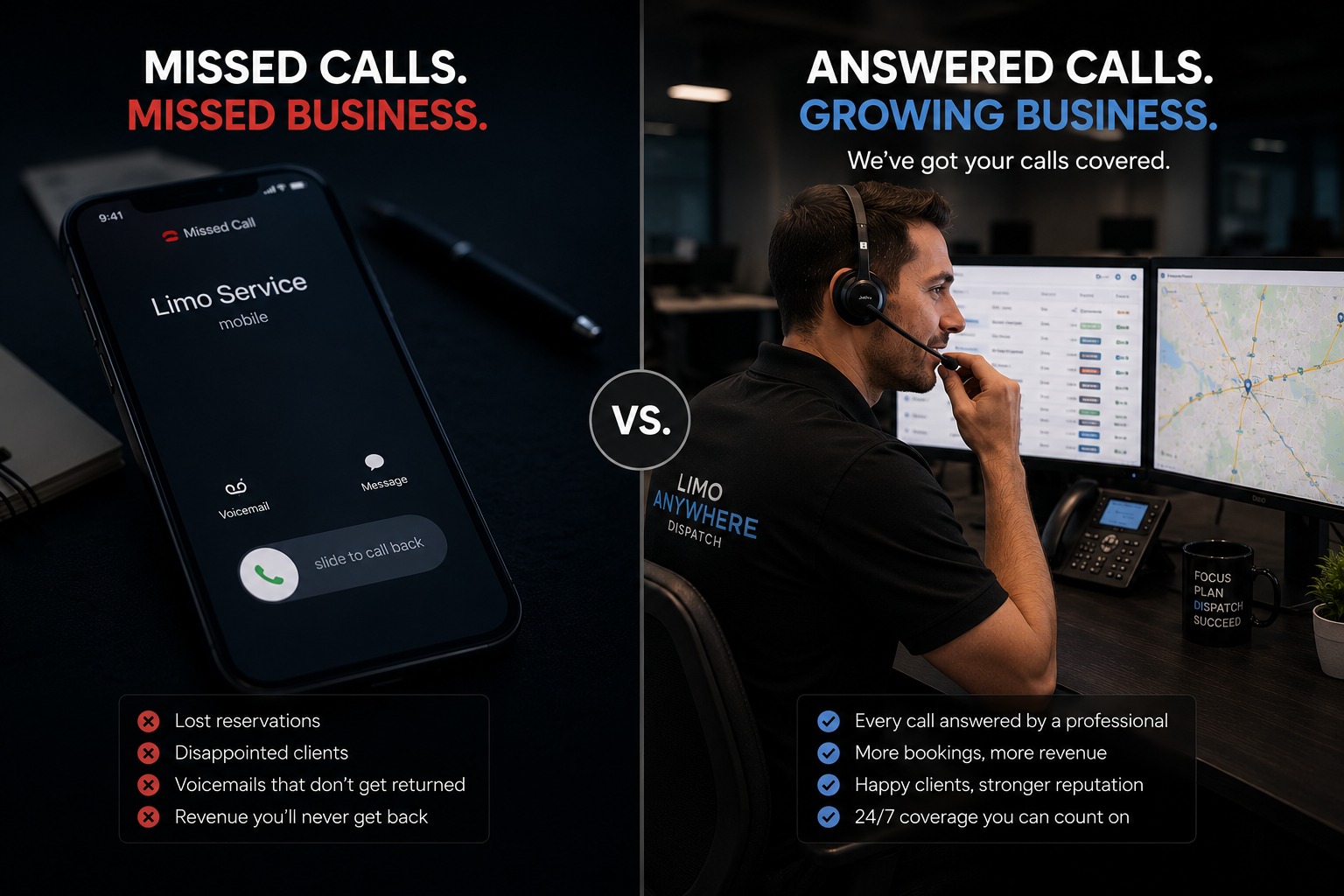 Limo dispatcher handling after-hours booking calls for chauffeur company