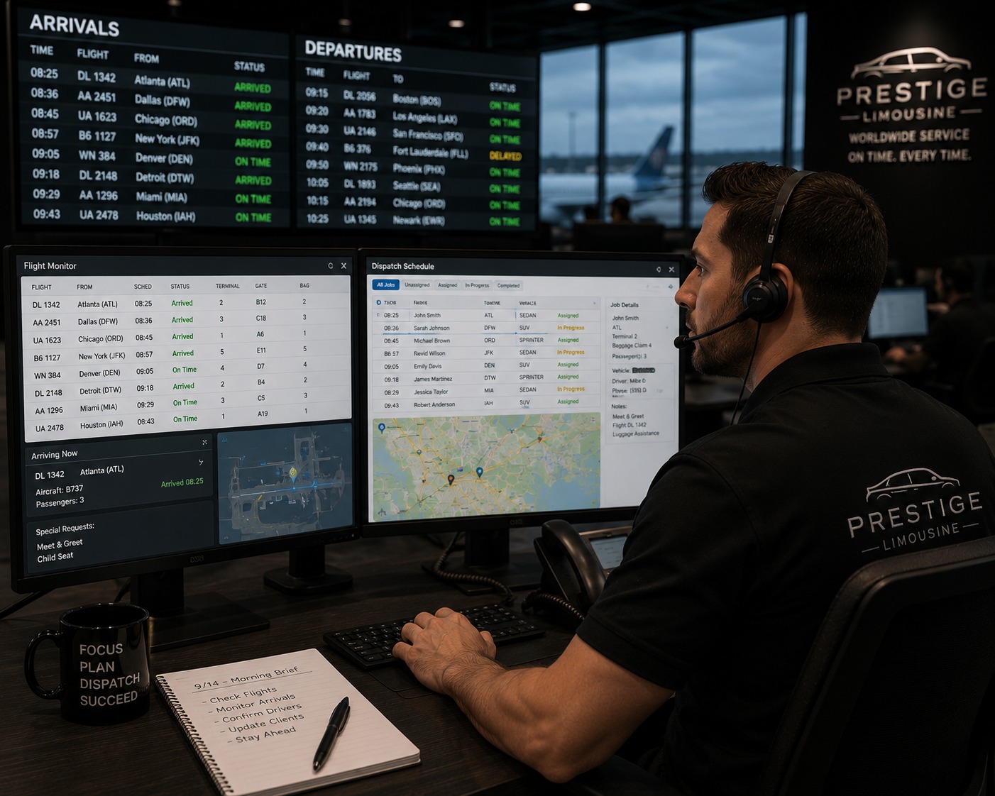 Limo dispatcher managing airport peak hour pickups with flight tracking