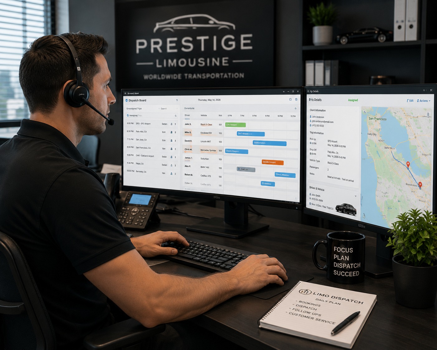 Professional limo dispatcher managing daily tasks for chauffeur company