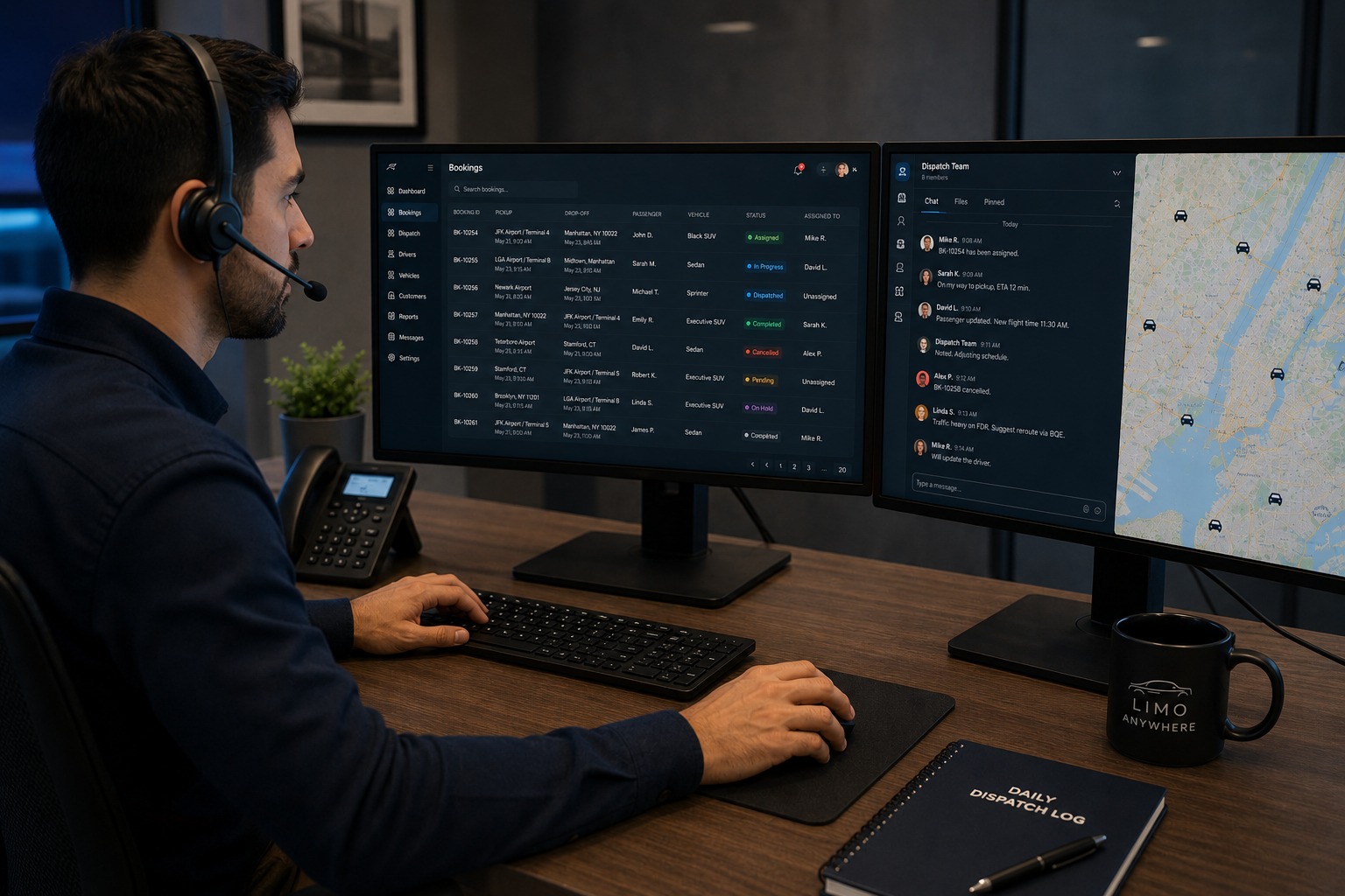 Limo dispatcher coordinating farm-out job in LimoAnywhere affiliate network