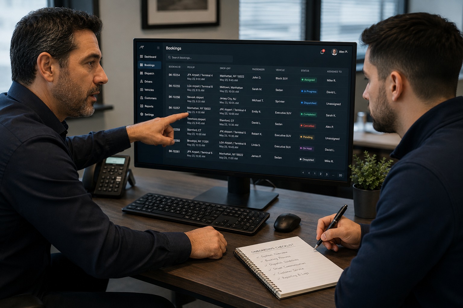 Limo company owner onboarding new dispatcher with LimoAnywhere walkthrough