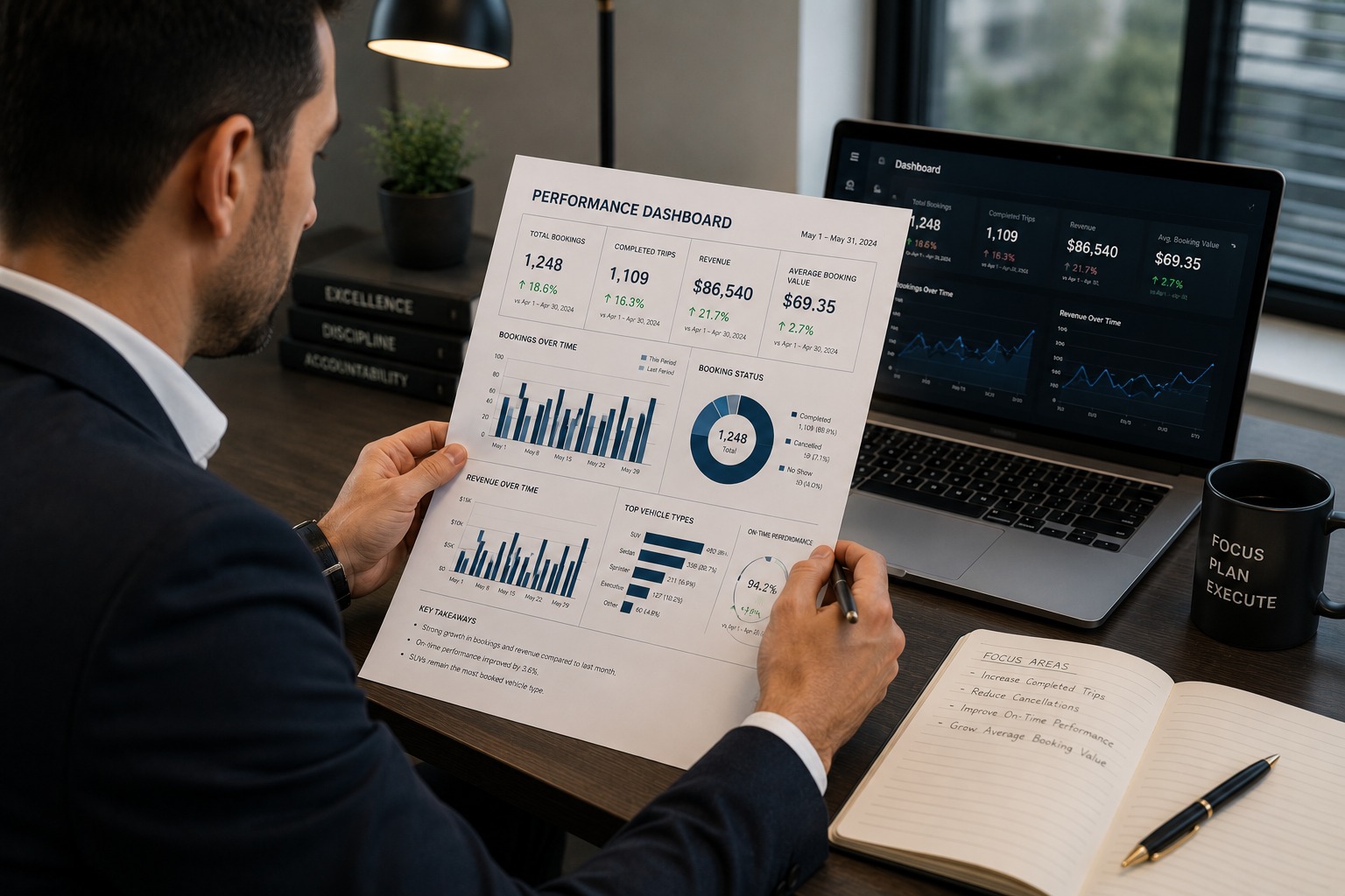 Limo company owner reviewing dispatch KPIs and performance metrics