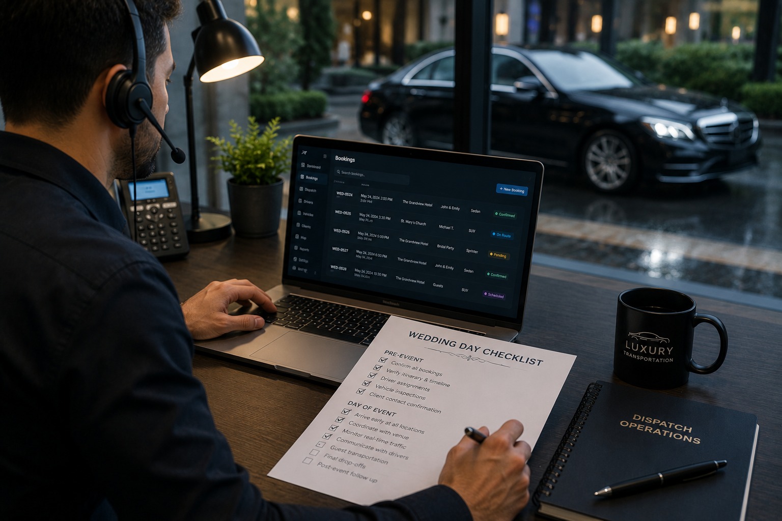 Wedding limo dispatcher managing bridal party transportation checklist